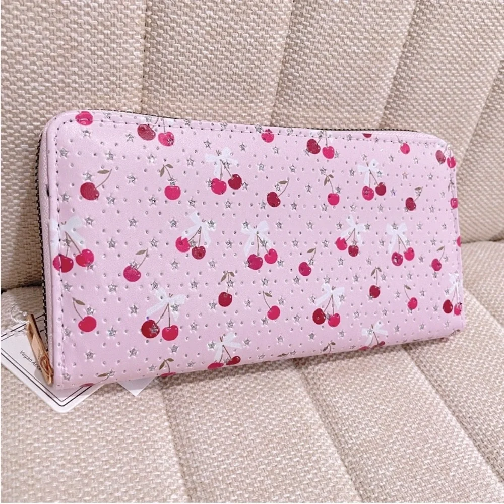 Blush Crush Pink Cherry Star‎ Print Vegan Leather Zip Around Continental Wallet